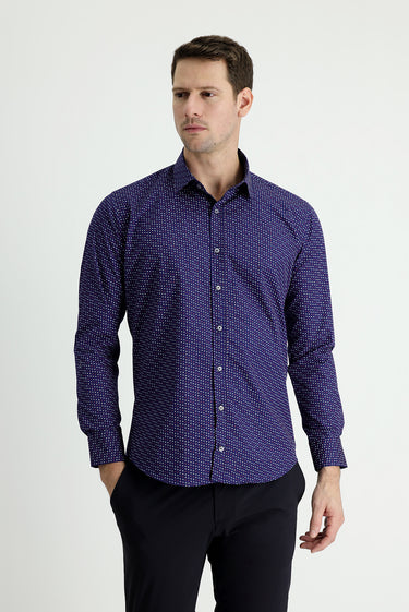  Koyu Lacivert Uzun Kol Slim Fit Dar Kesim Baskılı Pamuk Gömlek