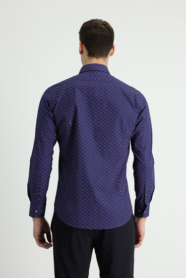  Koyu Lacivert Uzun Kol Slim Fit Dar Kesim Baskılı Pamuk Gömlek