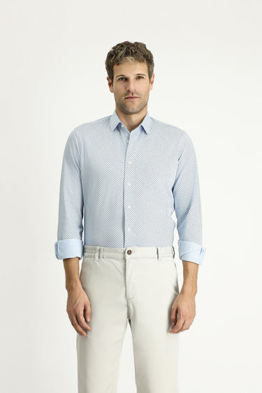  Açık Mavi Uzun Kol Slim Fit Dar Kesim Baskılı Pamuk Gömlek