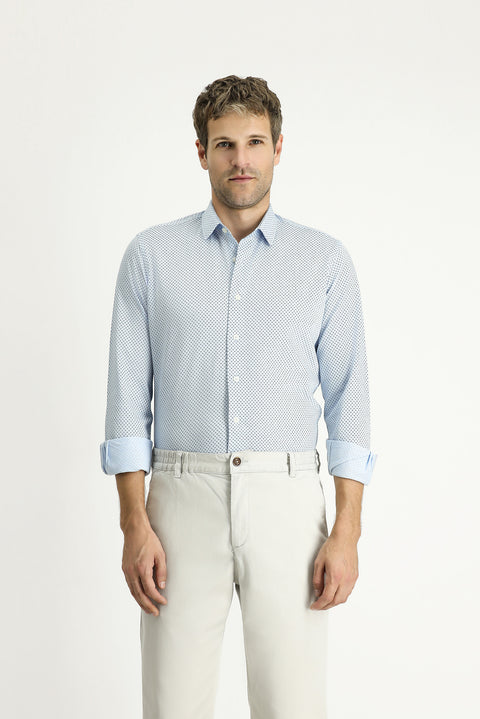 Açık Mavi Uzun Kol Slim Fit Dar Kesim Baskılı Pamuk Gömlek