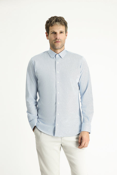 Açık Mavi Uzun Kol Slim Fit Dar Kesim Baskılı Pamuk Gömlek