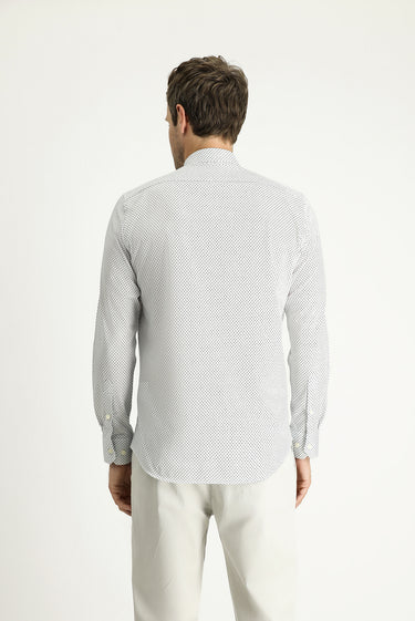  Beyaz Uzun Kol Slim Fit Dar Kesim Baskılı Pamuk Gömlek