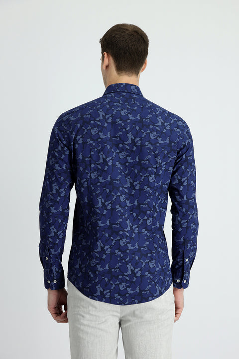 Koyu Lacivert Uzun Kol Slim Fit Dar Kesim Baskılı Pamuk Gömlek