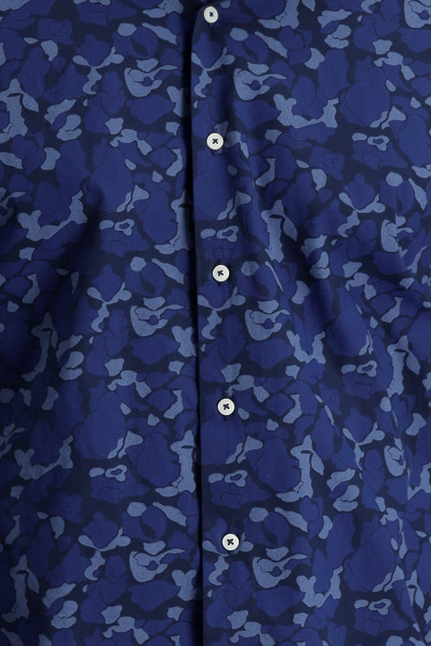 Koyu Lacivert Uzun Kol Slim Fit Dar Kesim Baskılı Pamuk Gömlek