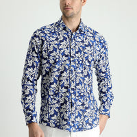 Saks Mavi Uzun Kol Slim Fit Dar Kesim Baskılı Pamuk Gömlek