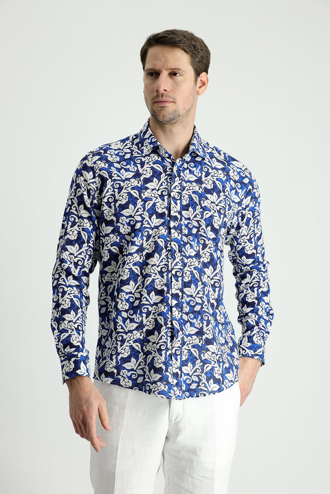 Saks Mavi Uzun Kol Slim Fit Dar Kesim Baskılı Pamuk Gömlek