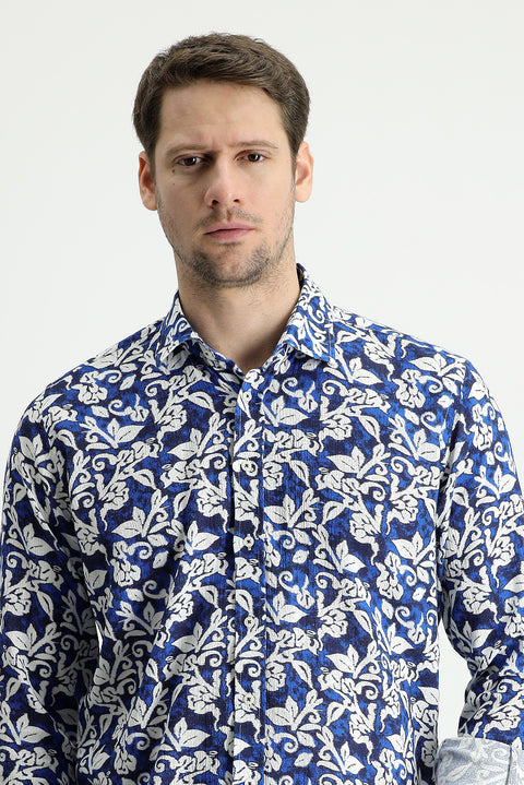 Saks Mavi Uzun Kol Slim Fit Dar Kesim Baskılı Pamuk Gömlek