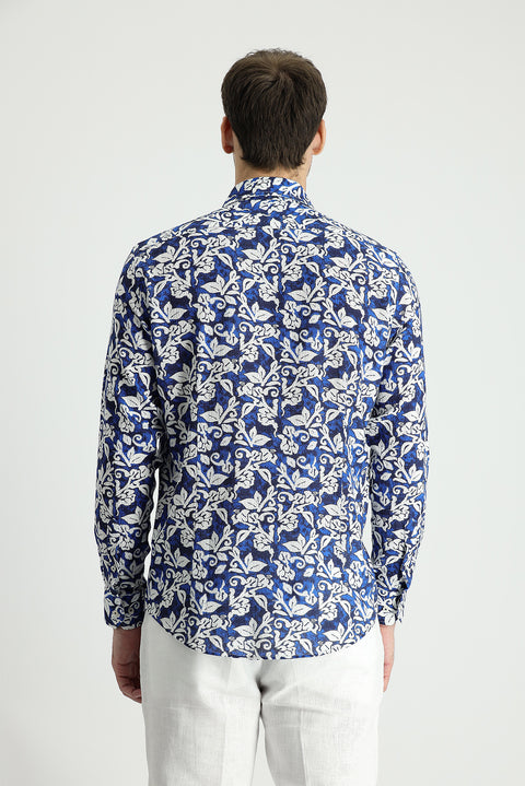 Saks Mavi Uzun Kol Slim Fit Dar Kesim Baskılı Pamuk Gömlek