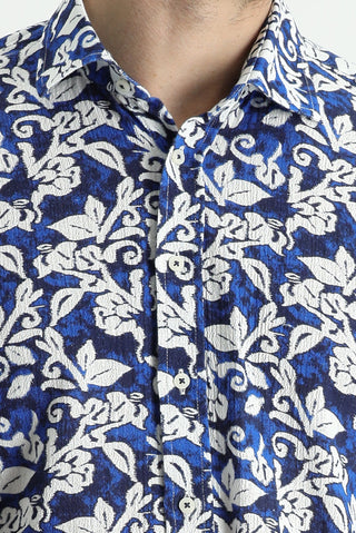  Saks Mavi Uzun Kol Slim Fit Dar Kesim Baskılı Pamuk Gömlek