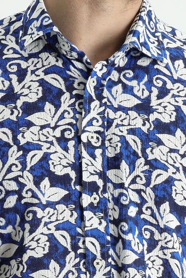 Saks Mavi Uzun Kol Slim Fit Dar Kesim Baskılı Pamuk Gömlek