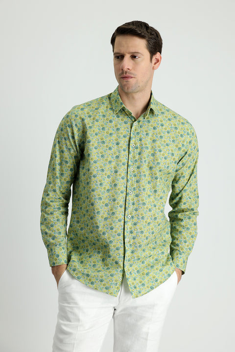 Orman Yeşili Uzun Kol Slim Fit Dar Kesim Baskılı Pamuk Spor Gömlek