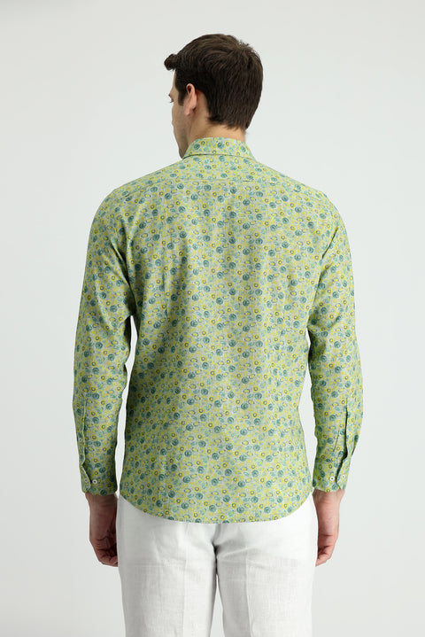 Orman Yeşili Uzun Kol Slim Fit Dar Kesim Baskılı Pamuk Spor Gömlek