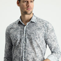 Orta Gri Uzun Kol Slim Fit Dar Kesim Baskılı Pamuk Gömlek