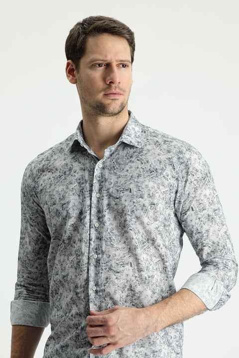 Orta Gri Uzun Kol Slim Fit Dar Kesim Baskılı Pamuk Gömlek