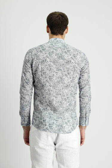 Orta Gri Uzun Kol Slim Fit Dar Kesim Baskılı Pamuk Gömlek