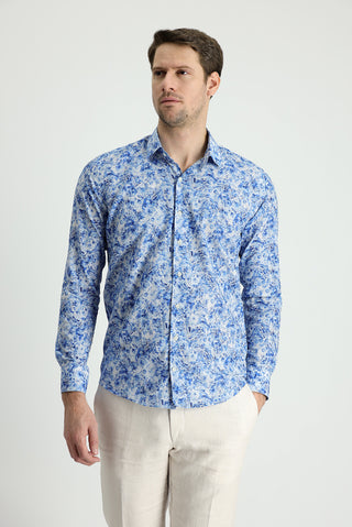  Mavi Uzun Kol Slim Fit Dar Kesim Bask?l? Pamuk Gömlek-Ki??l?