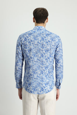  Mavi Uzun Kol Slim Fit Dar Kesim Bask?l? Pamuk Gömlek-Ki??l?