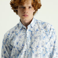 Koyu Mavi  Uzun Kol Slim Fit Dar Kesim Baskılı Keten Gömlek