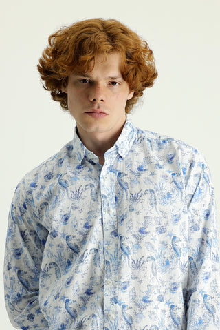  Koyu Mavi  Uzun Kol Slim Fit Dar Kesim Baskılı Pamuklu Keten Gömlek