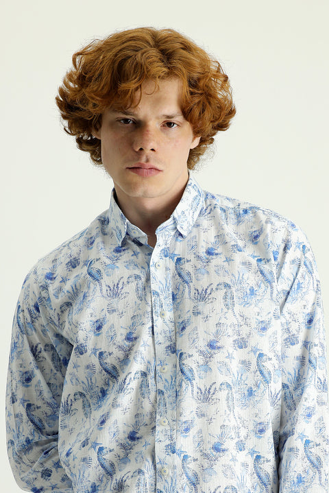 Koyu Mavi  Uzun Kol Slim Fit Dar Kesim Baskılı Pamuklu Keten Gömlek