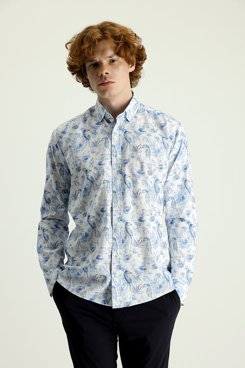 Koyu Mavi  Uzun Kol Slim Fit Dar Kesim Baskılı Pamuklu Keten Gömlek