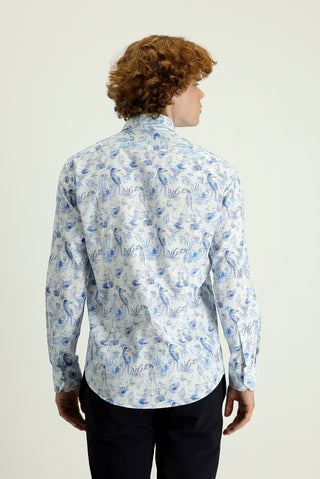  Koyu Mavi  Uzun Kol Slim Fit Dar Kesim Baskılı Pamuklu Keten Gömlek