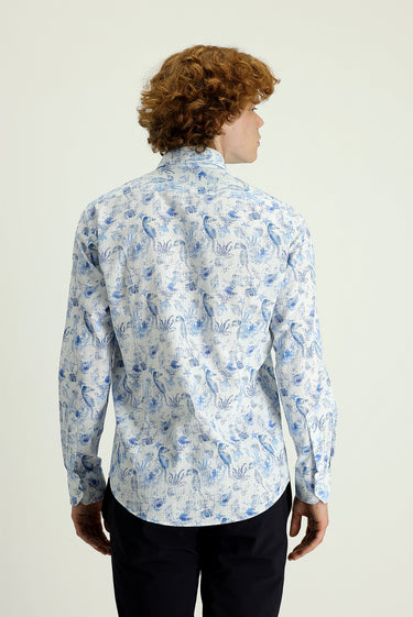  Koyu Mavi  Uzun Kol Slim Fit Dar Kesim Baskılı Pamuklu Keten Gömlek