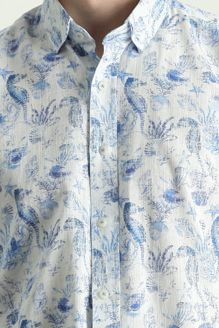  Koyu Mavi  Uzun Kol Slim Fit Dar Kesim Baskılı Pamuklu Keten Gömlek