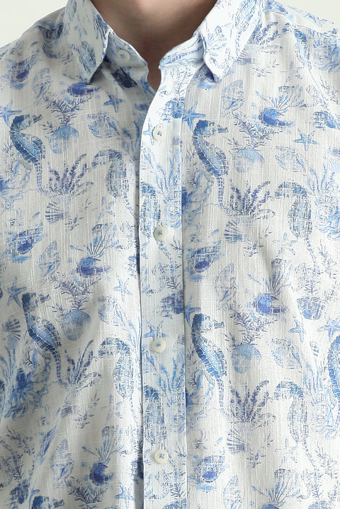 Koyu Mavi  Uzun Kol Slim Fit Dar Kesim Baskılı Pamuklu Keten Gömlek