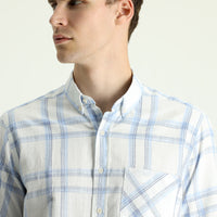 Açık Mavi Kısa Kol Regular Fit Ekose Pamuk Spor Gömlek