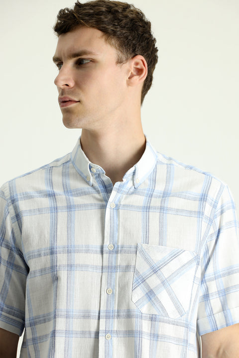 Açık Mavi Kısa Kol Regular Fit Ekose Pamuk Spor Gömlek
