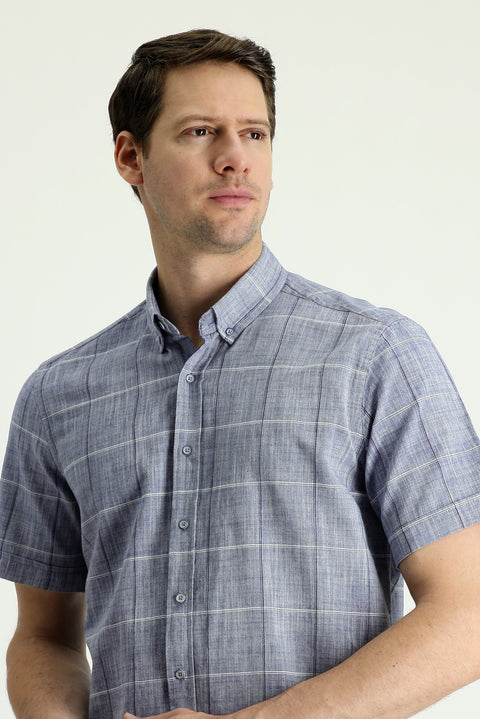 Koyu Mavi  Kısa Kol Regular Fit Ekose Keten Karışımlı Gömlek