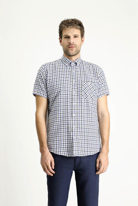 Orta Lacivert Kısa Kol Regular Fit Ekose Pamuklu Gömlek