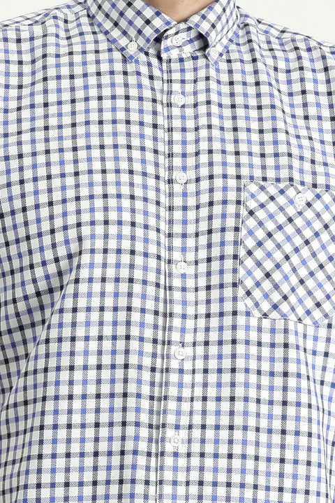 Orta Lacivert Kısa Kol Regular Fit Ekose Pamuklu Gömlek