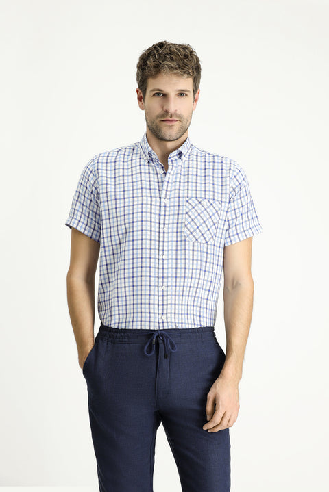 Uçuk Mavi Kısa Kol Regular Fit Ekose Pamuklu Gömlek