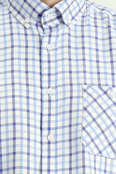 Uçuk Mavi Kısa Kol Regular Fit Ekose Pamuklu Gömlek