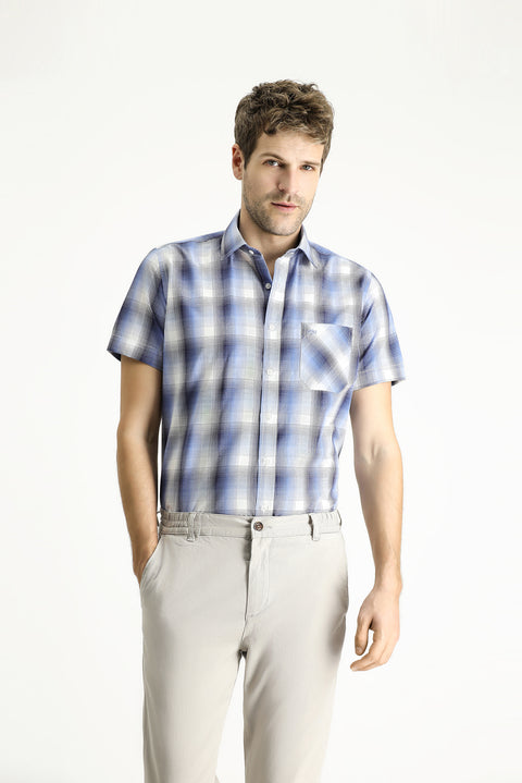 Açık Mavi Kısa Kol Regular Fit Ekose Pamuklu Gömlek