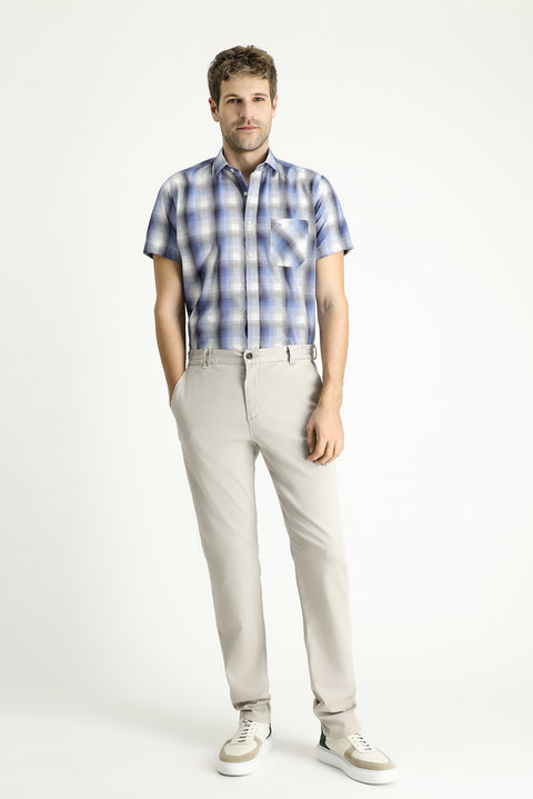Açık Mavi Kısa Kol Regular Fit Ekose Pamuklu Gömlek