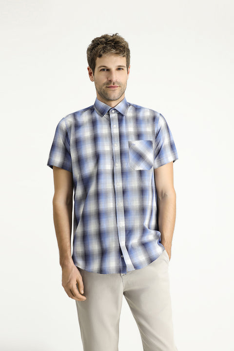 Açık Mavi Kısa Kol Regular Fit Ekose Pamuklu Gömlek