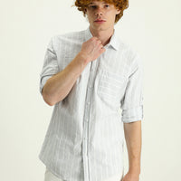 Light Grey Long Sleeve Slim Fit Striped Cotton Sport Shirt