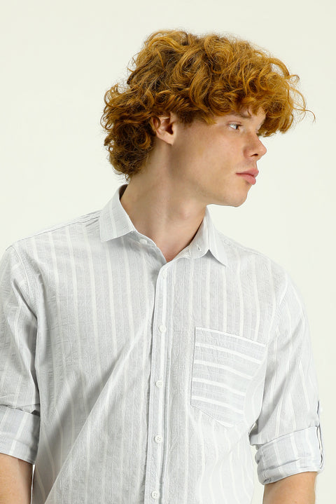 Light Grey Long Sleeve Slim Fit Striped Cotton Sport Shirt