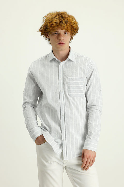 Light Grey Long Sleeve Slim Fit Striped Cotton Sport Shirt