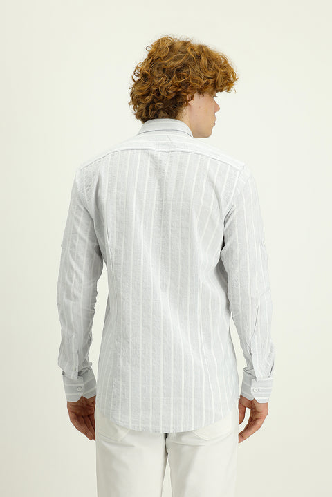 Light Grey Long Sleeve Slim Fit Striped Cotton Sport Shirt