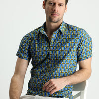 Koyu Mavi  Kısa Kol Slim Fit Dar Kesim Baskılı Pamuk Gömlek