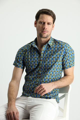  Koyu Mavi  Kısa Kol Slim Fit Dar Kesim Baskılı Pamuk Gömlek