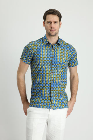  Koyu Mavi  Kısa Kol Slim Fit Dar Kesim Baskılı Pamuk Gömlek