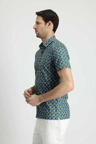  Koyu Mavi  Kısa Kol Slim Fit Dar Kesim Baskılı Pamuk Gömlek