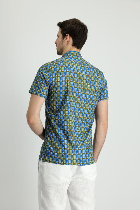 Koyu Mavi  Kısa Kol Slim Fit Dar Kesim Baskılı Pamuk Gömlek