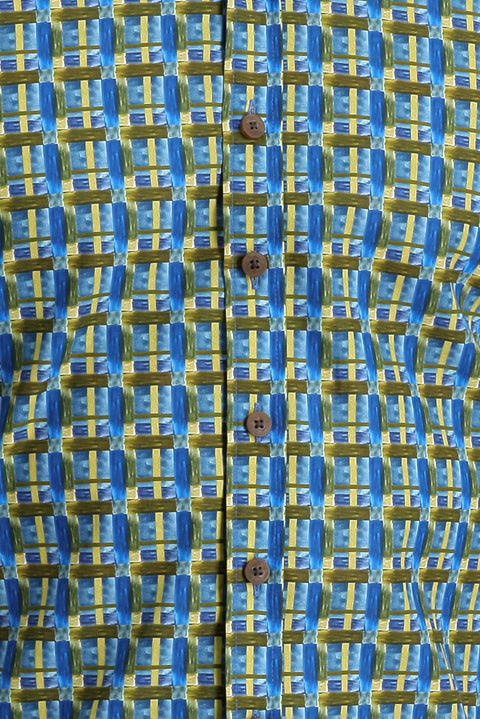 Koyu Mavi  Kısa Kol Slim Fit Dar Kesim Baskılı Pamuk Gömlek