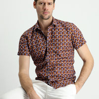 Koyu Bordo Kısa Kol Slim Fit Dar Kesim Baskılı Pamuk Gömlek